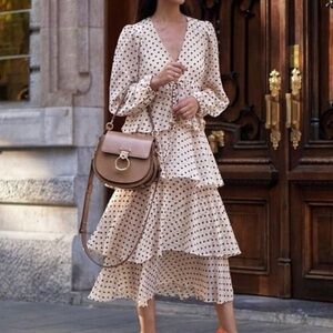 Zara Cream Polka Dot Tiered Maxi Dress Size Small